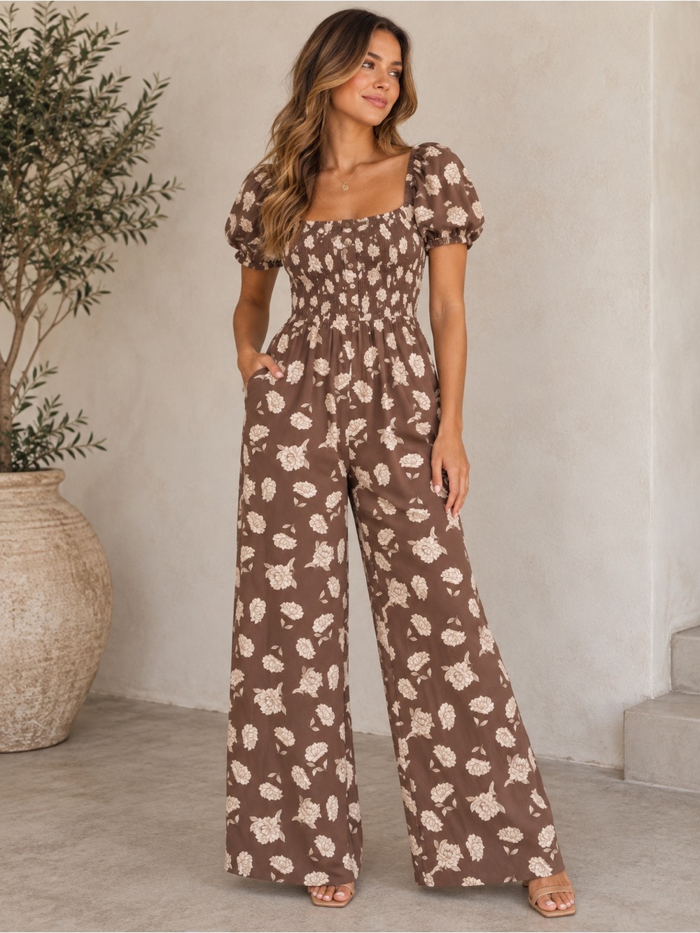 Lily Rose Brown Floral Smocked Square-Neck Jumpsuit